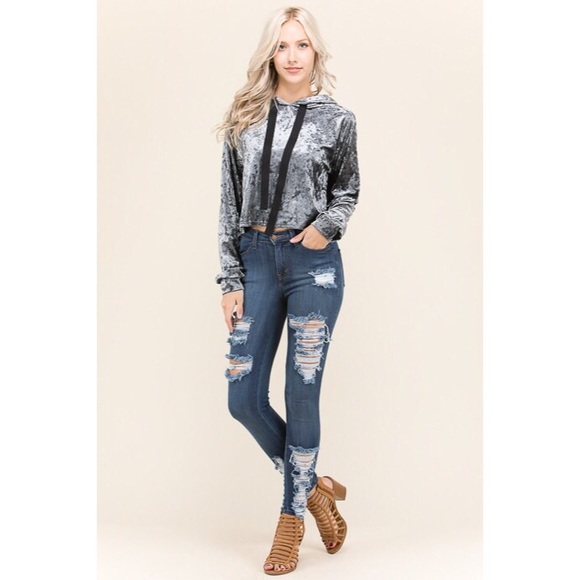 NWT - Charcoal Velvet Hooded Sweatshirt - Picture 6 of 7